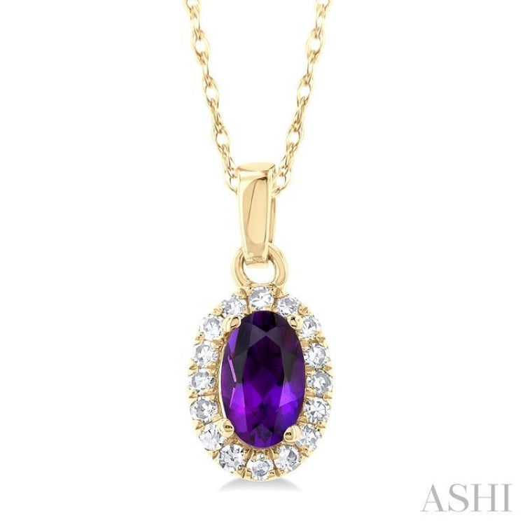 5x3 MM Oval Shape Amethyst and 1/20 Ctw Single Cut Diamond Halo Semi-Precious Pendant with Chain in 14K Yellow Gold