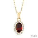 5x3 MM Oval Shape Garnet and 1/20 Ctw Single Cut Diamond Halo Semi-Precious Pendant with Chain in 14K Yellow Gold