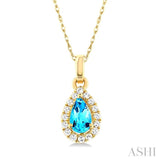 5x3 MM Pear Shape Blue Topaz and 1/20 Ctw Single Cut Diamond Halo Semi-Precious Pendant with Chain in 14K Yellow Gold
