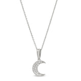 Platinum Finish Sterling Silver Micropave Moon Pendant with Simulated Diamonds on 16