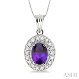 8x6 MM Oval Cut Amethyst and 1/3 Ctw Round Cut Diamond Pendant in 14K White Gold with Chain
