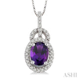8x6 MM Oval Cut Amethyst and 1/4 Ctw Round Cut Diamond Pendant in 14K White Gold with Chain