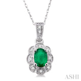 6x4 MM Oval Cut Emerald and 1/20 Ctw Single Cut Diamond Pendant in 14K White Gold with Chain