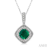 5x5 MM Cushion Shape Emerald and 1/5 Ctw Round Cut Diamond Pendant in 14K White Gold with Chain