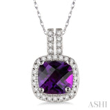 7x7  MM Cushion Shape Amethyst and 1/5 Ctw Round Cut Diamond Pendant in 14K White Gold with Chain
