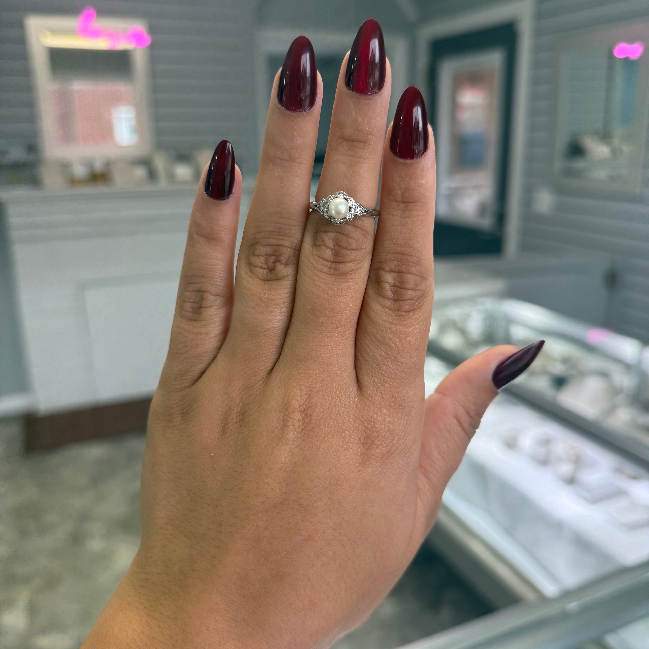 10k White Gold Culture Pearl with Diamond Accents Ring