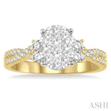 3/4 Ctw Oval Shape Center Criss Cross Shank Lovebright Round Cut Diamond Engagement Ring in 14K Yellow and White gold