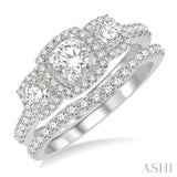 1 1/4 Ctw Diamond Wedding Set With 1 Ct Triple Cushion Shape Past, Present & Future Engagement Ring and 1/4 Ct Curved Wedding Band in 14K White Gold
