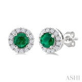 3.25 MM Round Emerald and 1/10 Ctw Round Cut Diamond Halo Precious Stud Earrings in 14K White Gold