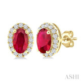 5x3 MM Oval Shape Ruby and 1/8 Ctw Single Cut Diamond Halo Precious Stud Earrings in 10K Yellow Gold