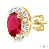 5x3 MM Oval Shape Ruby and 1/8 Ctw Single Cut Diamond Halo Precious Stud Earrings in 10K Yellow Gold