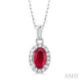 5x3 MM Oval Shape Ruby and 1/20 Ctw Single Cut Diamond Halo Precious Pendant with Chain in 14K White Gold
