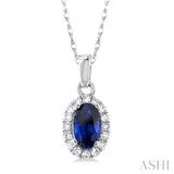 5x3 MM Oval Shape Sapphire and 1/20 Ctw Single Cut Diamond Halo Precious Pendant with Chain in 14K White Gold