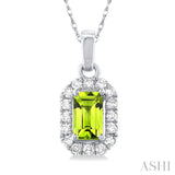 5x3 MM Octagonal Shape Peridot and 1/20 Ctw Single Cut Diamond Halo Semi-Precious Pendant with Chain in 10K White Gold