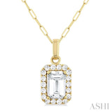 6x4 MM Octagonal Shape White Topaz and 1/6 Ctw Round Cut Diamond Halo Semi-Precious Pendant with Chain in 14K Yellow Gold