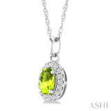 5x3 MM Oval Shape Peridot and 1/20 Ctw Round Cut Diamond Halo Semi-Precious Pendant with Chain in 10K White Gold