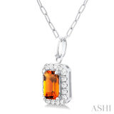 6x4 MM Octagonal Shape Citrine and 1/6 Ctw Round Cut Diamond Halo Semi-Precious Pendant with Chain in 14K White Gold