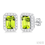 6x4 MM Octagonal Shape Peridot and 1/4 Ctw Round Cut Diamond Halo Semi-Precious Stud Earrings in 14K White Gold