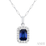 6x4 MM Octagonal Shape Sapphire and 1/6 Ctw Round Cut Diamond Halo Precious Pendant with Chain in 10K White Gold