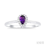 5x3 MM Pear Shape Amethyst and 1/20 Ctw Single Cut Diamond Halo Semi-Precious Ring in 14K White Gold