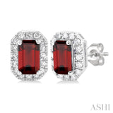 5x3 MM Octagonal Shape Garnet and 1/8 Ctw Single Cut Diamond Halo Semi-Precious Stud Earrings in 14K White Gold