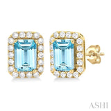 6x4 MM Octagonal Shape Aquamarine and 1/4 Ctw Round Cut Diamond Halo Semi-Precious Stud Earrings in 14K Yellow Gold