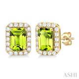6x4 MM Octagonal Shape Peridot and 1/4 Ctw Round Cut Diamond Halo Semi-Precious Stud Earrings in 14K Yellow Gold