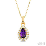 5x3 MM Pear Shape Amethyst and 1/20 Ctw Single Cut Diamond Halo Semi-Precious Pendant with Chain in 10K Yellow Gold