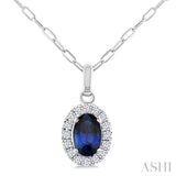6x4 MM Oval Shape Sapphire and 1/6 Ctw Round Cut Diamond Halo Precious Pendant with Chain in 14K White Gold