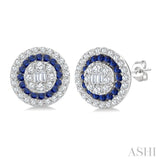 1/3 Ctw Circular Shape 1.00MM Round Cut Sapphire, Baguette and Round Cut Diamond Fusion Precious Stud Earring in 14K White Gold