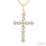 1/3 Ctw Floral Cross Fusion Baguette and Round Cut Diamond Fashion Pendant With Chain in 14K Yellow Gold