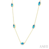 1/4 Ctw 8X4MM Marquise Cut Blue Topaz and Round Cut Diamond Station Necklace in 10K Yellow Gold