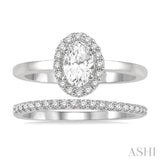 3/8 Ctw Round Cut Diamond Wedding Set With 1/3 Ct Halo 1/4 Ct Oval Cut Center Stone Engagement Ring and 1/10 Ct Wedding Band in 14K White Gold