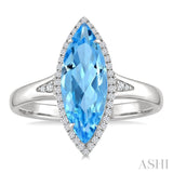 16X7 MM Evoque Gemstones Marquise Shape Blue Topaz and 1/6 Ctw Round Cut Diamond Semi-Precious Ring in 10K White Gold