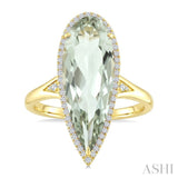 22X8 MM Pear Shape Green Amethyst and 1/5 Ctw Round Cut Diamond Semi-Precious Ring in 14K Yellow Gold