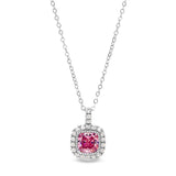 Platinum Finish Sterling Silver Micropave Simulated Pink sapphire Pendant with Simulated Diamonds on 18