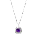 Platinum Finish Sterling Silver Micropave Simulated Amethyst Pendant with Simulated Diamonds on 18