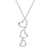 Platinum Finish Sterling Silver Micropave Three Falling Hearts Pendant with Simulated Diamonds on 16
