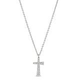 Platinum Finish Sterling Silver Micropave Tapered Cross Pendant with Simulated Diamonds on 16
