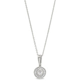 Platinum Finish Sterling Silver Micropave Halo Pendant with Simulated Diamonds on 16