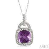 10x10 MM Cushion Shape Amethyst and 1/20 Ctw Single Cut Diamond Pendant in Sterling Silver with Chain
