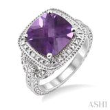 10x10 MM Cushion Shape Amethyst and 1/20 Ctw Single Cut Diamond Ring in Sterling Silver