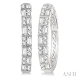 1 ctw Basket Weave Baguette and Round Cut Diamond Hoop Earrings in 14K White Gold