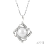 1/50 Ctw Swirl Round Cut Diamond & 7x7 MM Cultured Pearl Pendant With Chain in Sterling Silver