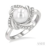 1/50 Ctw Swirl Round Cut Diamond & 7x7 MM Cultured Pearl Ring in Sterling Silver