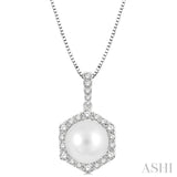8X8MM Cultured Pearl and 1/3 Ctw Hexagon Shape Round Cut Diamond Pendant With Chain in 14K White Gold