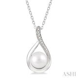 1/50 Ctw Drop Shape Round Cut Diamond & 7x7 MM Cultured Pearl Pendant With Chain in Sterling Silver