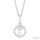6 MM Round Shape Cultured Pearl and 1/10 Ctw Petite Round Cut Diamond Fashion Pendant With Chain in 10K White Gold