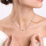 2.85 MM Sapphire and 1/2 Ctw Round Cut Diamond Precious Station Necklace in 14K White Gold