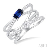 5x3 MM Emerald Shape Sapphire and 1/4 Ctw Single Cut Diamond Double Criss-Cross Lovebright Precious Ring in 10K White Gold